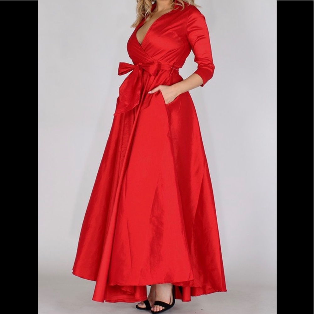 Red Full Sweep Satin Maxi Dress